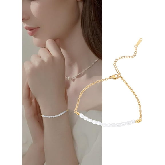 Gold Beaded Freshwater Cultured Pearl Bracelet Oval Pearls Hand Bracelet Freshwater Pearl Adjustable Bracelet for Women White
