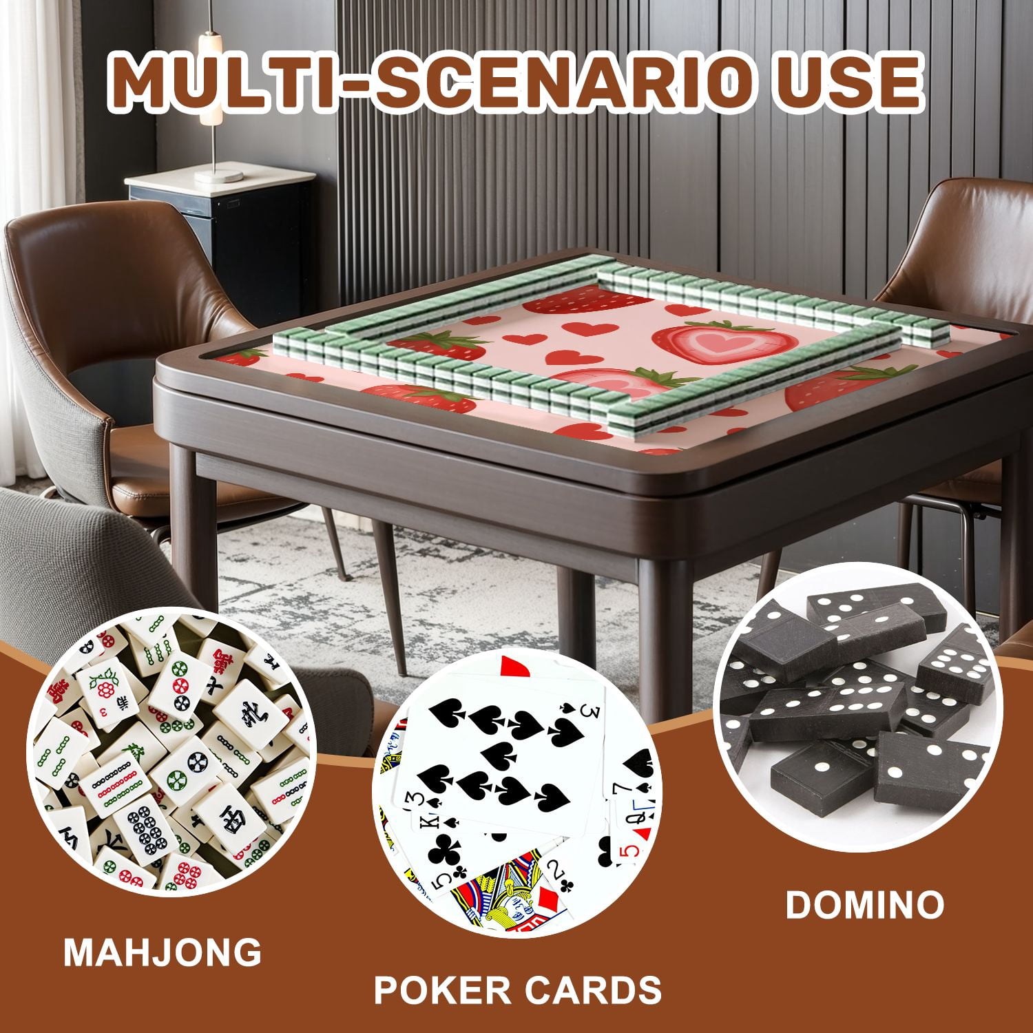 Mahjong Mat 31.5" x 31.5" Strawberry Heart Pastel Pink Non-Slip Noise Reduction American Mahjong Tiles Table Cover for Dominoes Poker Card Board Games Gift