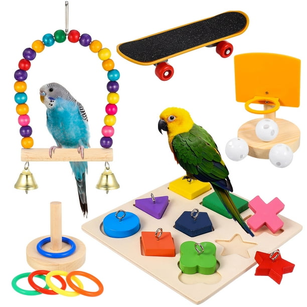 HEQUSIGNS 5Pcs Bird Toys Swing Chewing Toy, Parrot Hanging Swing, Skateboard, Basketball Toy, Stacking Toy and Small Sepak Takraw