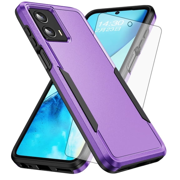 Compatible with Motorola Moto G 5G 2023 Phone Case Tempered Glass Screen Protector Hybrid Rugged Shockproof Hard Protective Drop Proof Full Body Heavy Duty Mobile Cell Cover for G5G 5 G G5 Men Purple