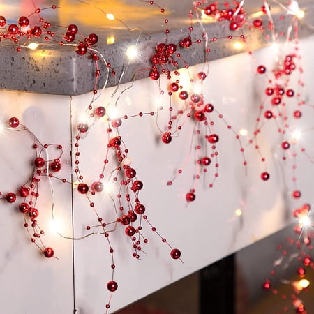 Zukuco 10Ft Christmas Decorations Indoor Red Berry Bead Garland String Lights - Battery Operated Xmas Lights 30LED for Mantel Tree Ornaments Party Decor (Batteries Not Included&No Timer)