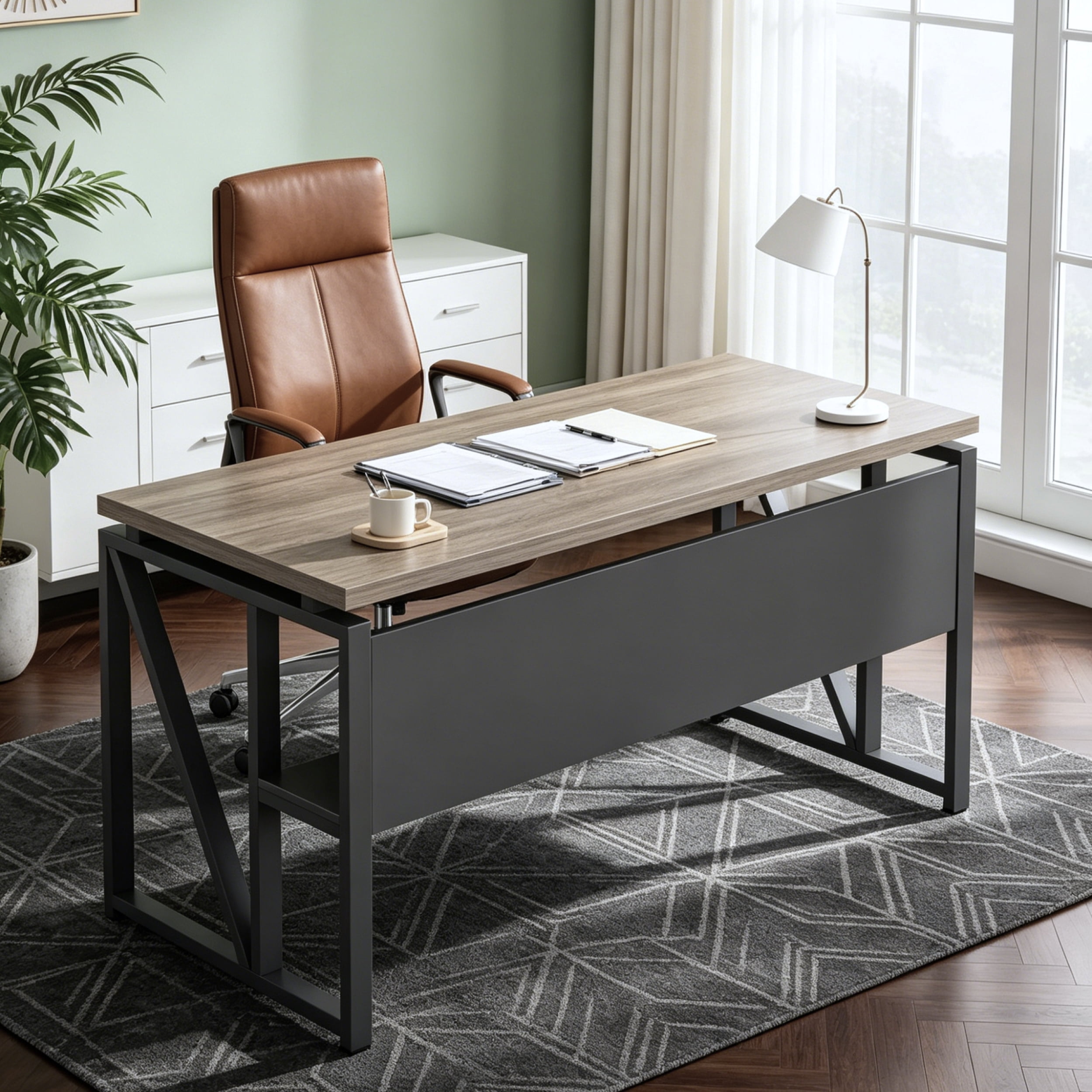 Fnova 55" Industrial Desk, 2-Piece Executive Desk Computer Desk Writing Desk with Rolling Filing Cabinet Set with Lockable Storage, Drawers for Home Office