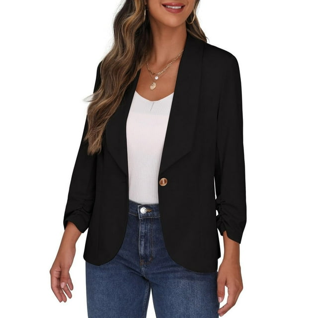 Grrvtrz Women's Ruched 3/4 Sleeve Blazers One Button Slim Fit Blazer Lightweight Office Work Suit Jacket