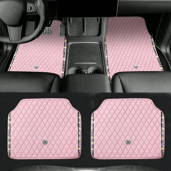 REZJSWFSMMJ PVC Leather Anti-Slip Automative Floor Mats With Shining Diamond Rhinestone Crown, Universal Fit Automotive SUV, Sedan, Van, 4pcs