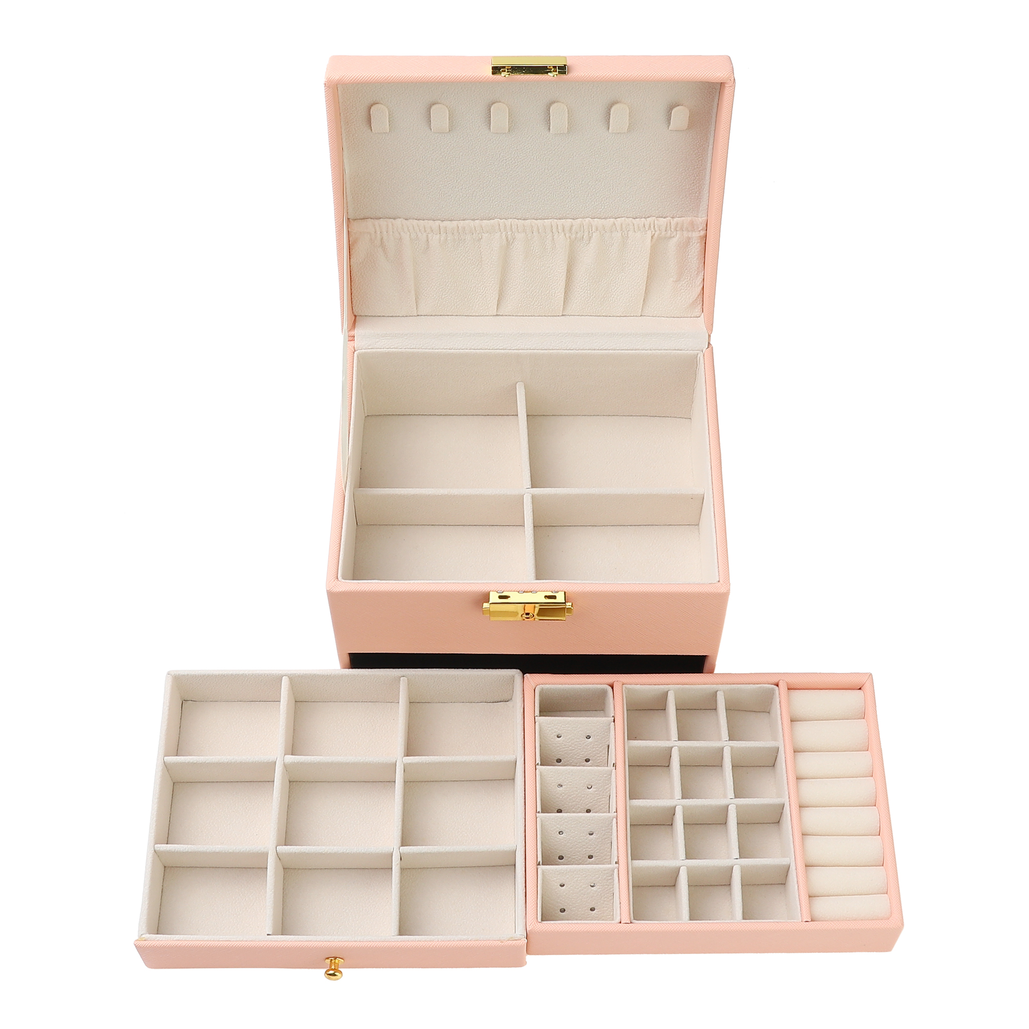 Unique Bargains 3 Layer Jewelry Box PU Leather Jewelry Organizer Case Storage Holder Pink