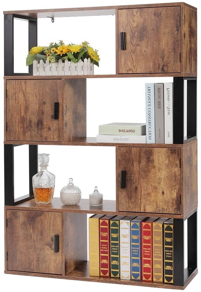 Zimtown 4 Shelf Storage Bookcase With, Extra Wide Low Bookcase