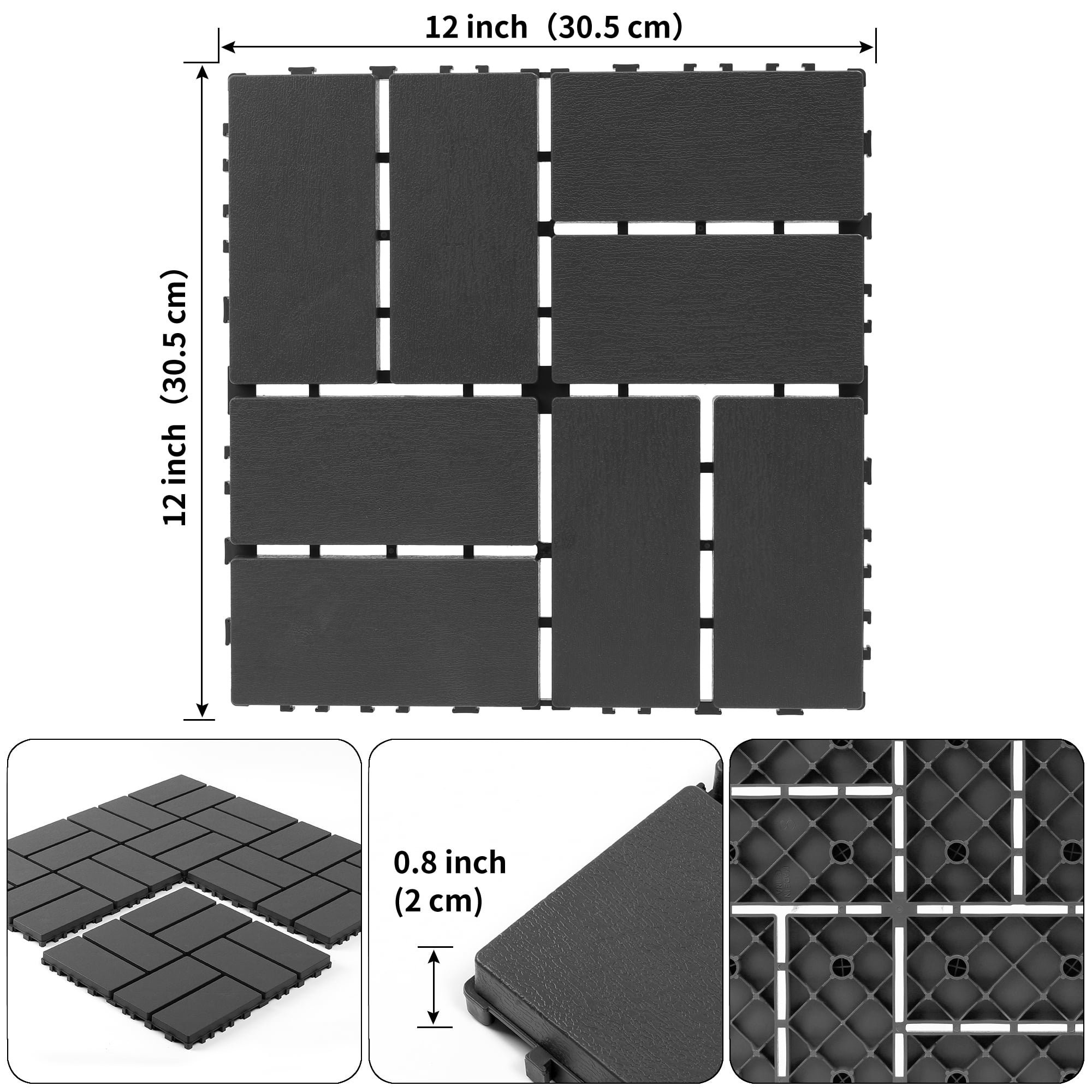 44 Pack Plastic Interlocking Deck Tiles,12"x12" Waterproof Indoor/Outdoor Floor Tiles,All-Weather Patio Floor Decking Tiles for Garden,Lawn,Porch,Poolside,Balcony,Checker Style,Grey