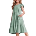 thumbnail image 1 of Vestido Arshiner para niñas, verano, mangas onduladas, algodón, verde claro, 1 of 5