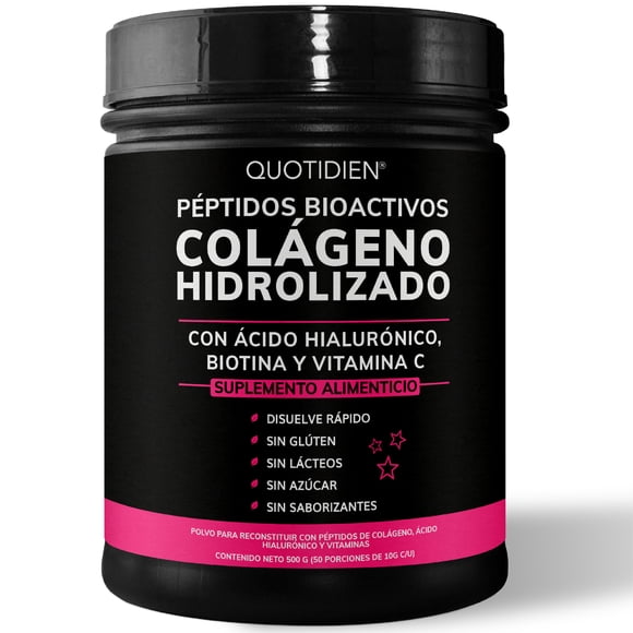 Péptidos Bioactivos de Colageno Hidrolizado + Ácido Hialurónico + Biotina + Vitamina C - 500g Quotidien Colageno Hidrolizado Polvo