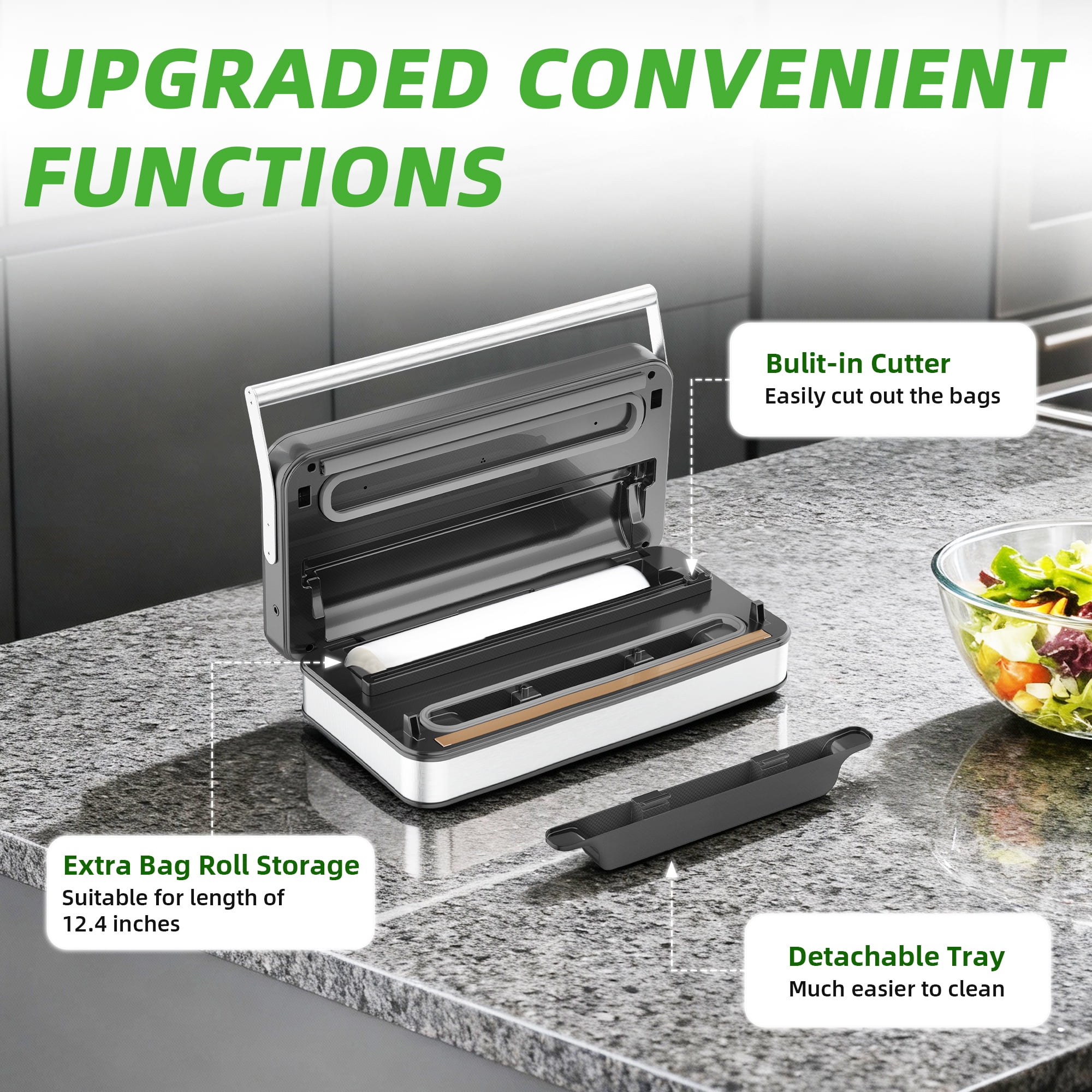 Elevon 10-in-1 Automatic Vacuum Sealer, 200W Food Saver with Built-in Cutter, Digital Timer, Bags & Roll Included, Compact Low Noise Design