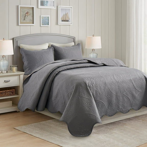 IR Imperial Rooms Quilt Set 3 Piece Lightweight Embossed Microfiber Bedspread, Floral Pattern Gray, Adult Full/Queen