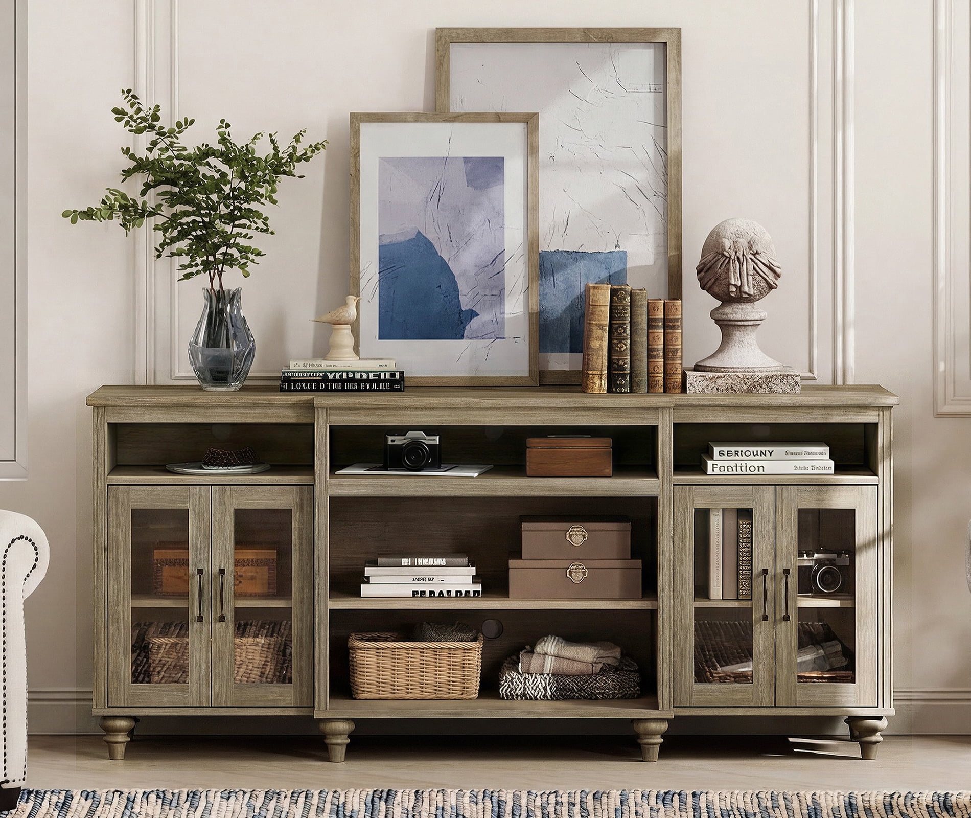 Farmhouse TV Stand for TVs Up to 75 inch, 4-Door Glass and Wood Universal TV Console with 9 Storage Cabinets, Entertainment Center Table for Living Room Bedroom, Wash Grey
