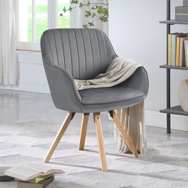 Kithkasa Swivel Desk Task Chair No Wheels, Solid Back Velvet Wood Legged, Gray - Walmart.com