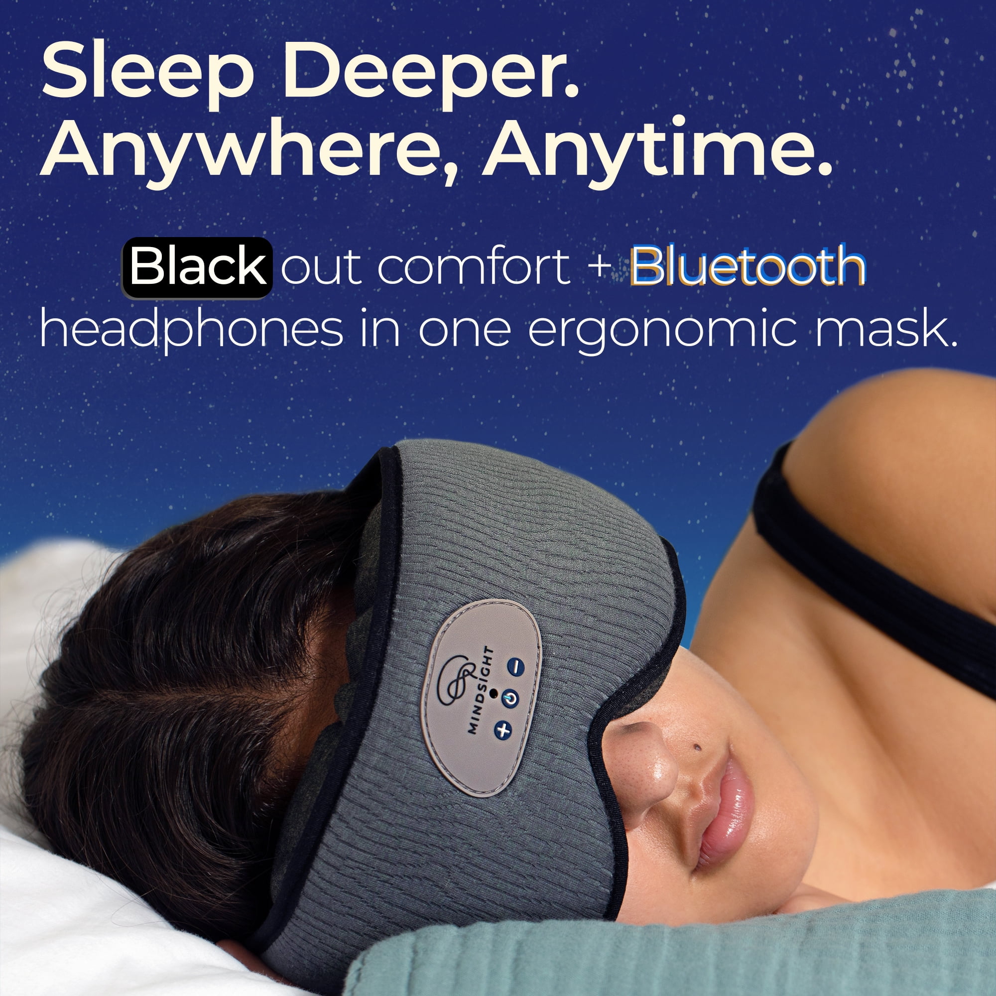 Mindsight DriftBand Sleep Mask with Bluetooth Headphones, Blackout Eye Mask with Memory Foam, Adjustable Ultra Thin Speakers, Rechargeable for Sleep and Travel