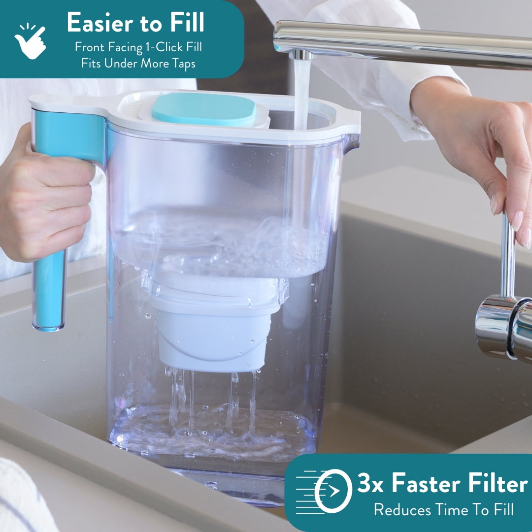 Perfect Pour 6 Cup Water Filter Pitcher by Aqua Optima, Ergonomic, Eliminates Splashes and Spills, BPA Free, WQA Certified, includes 3 Evolve+ Water Filters, Teal