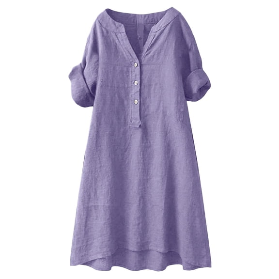 Guieoi Womens Dresses Plus Size Swing Linen-Blend 3/4-Sleeve V-Neck Button-Front Dress with Pockets Purple L