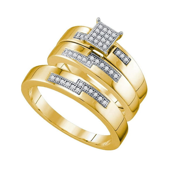10kt Yellow Gold His & Hers Round Diamond Cluster Matching Bridal Wedding Ring Band Set 1/6 Cttw