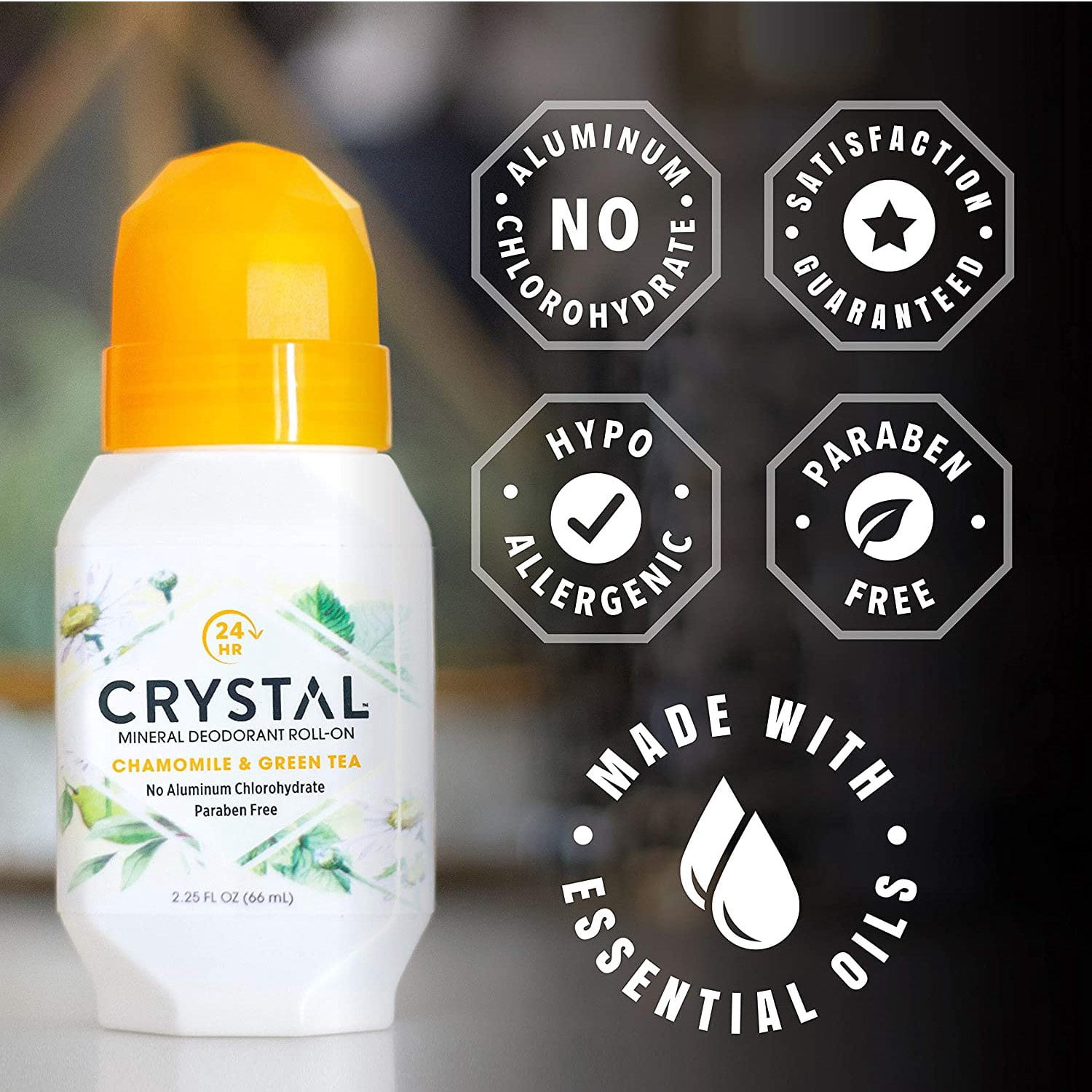 Crystal Essence Mineral Deodorant Roll-On, Chamomile & Green Tea 2.25 oz (Pack of 4)