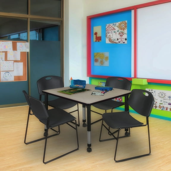 Regency Kee 48" Square Height Adjustable Mobile Classroom Table - Maple & 4 Zeng Stack Chairs- Black