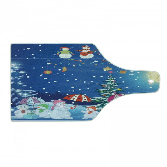 Christmas Cutting Board, Jolly Snowman Party Winter Happy Cartoon Nursery Kids Style Illustration, Decorative Tempered Glass Cutting and Serving Board, in 3 Sizes, by Ambesonne