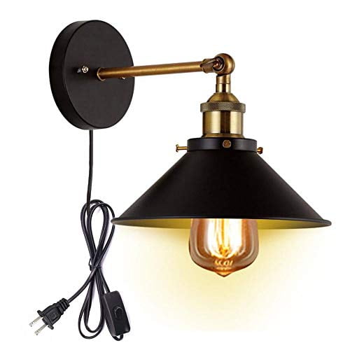 Kiven White Modern Metal ＆ Wooden Decor Plug-in Wall Light ，Vintage Bedside Wall Sconce Fixture Fitting Retro Edison Lamps E26