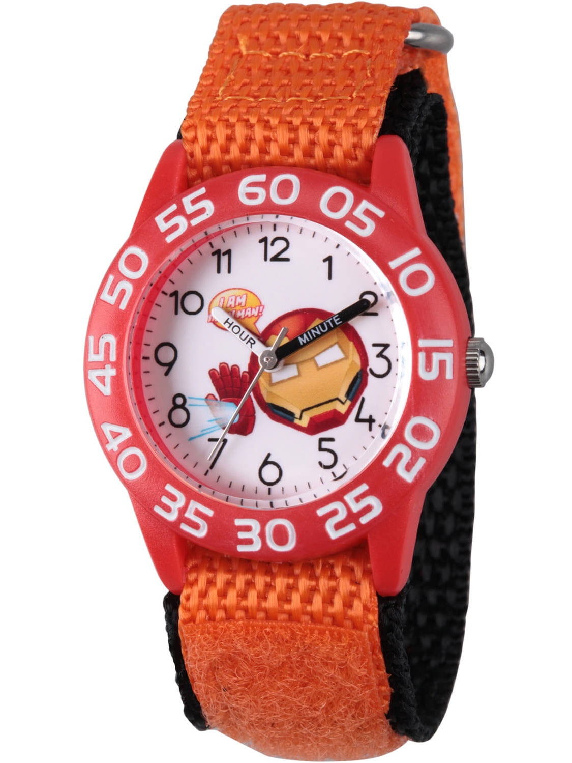 Emoji Kids' Iron Man Red Plastic Time Teacher Watch, Orange Hook and Loop Nylon Strap
