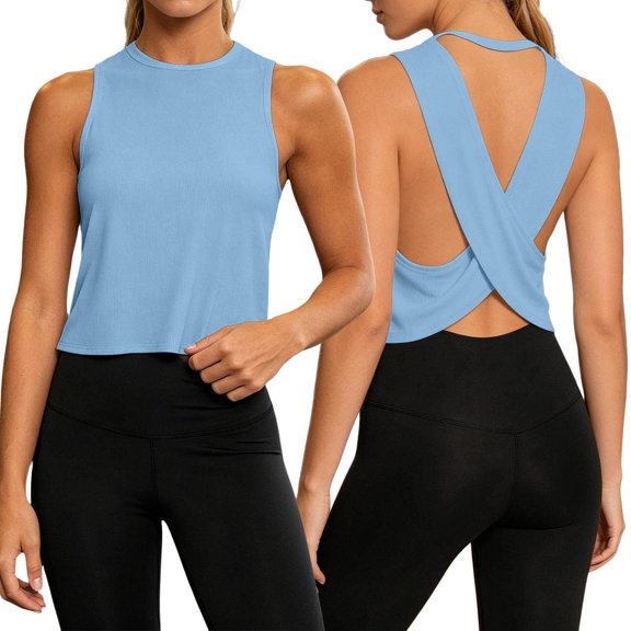WEIWEN Athletic Tank Tops for Women Running Vest 2026 Trendy Cross Backless Workout Tank Tops Woman Dressy Casual Sleeveless Gym Yoga Cropped Shirts Blue, S