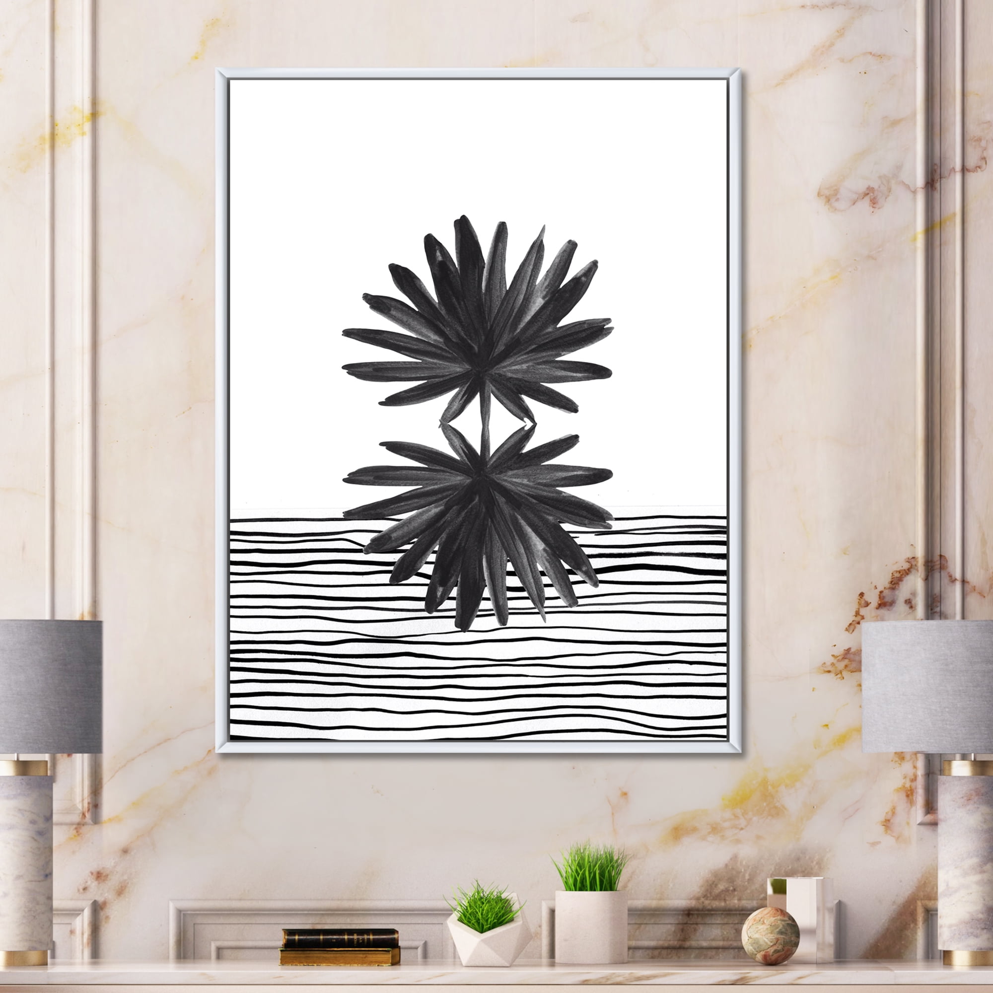 Designart 'Black and White Striped Under Tropical Leaf II' Modern Framed Canvas Wall Art Print