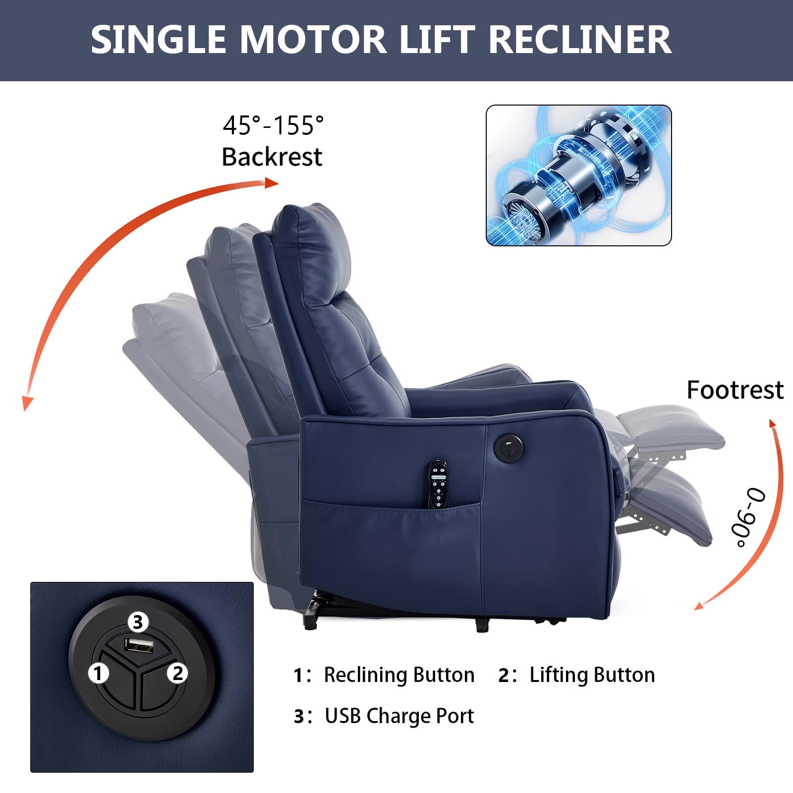 MAYEERTY Blue PU Leather Power Lift Recliner Chair, Massage Heat USB Port 25"x36"x39" for Elderly