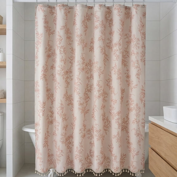 REGALWOVEN Faux Linen Shower Curtain, Leaf Print Bath Shower Curtain Sets with Hooks Orange 71"W x 71"L