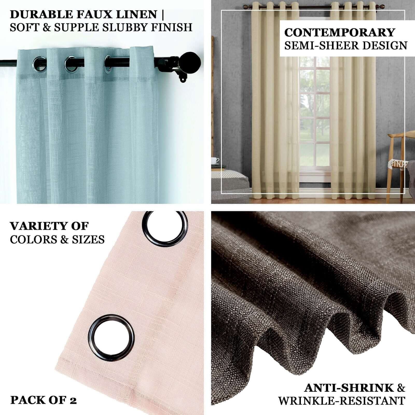 Efavormart Pack of 2 52"x64" Rose Gold Faux Linen Curtains, Semi Sheer Curtain Panels with Chrome Grommet for Living Room Home Decor Window Privacy Linen Textured Drapes