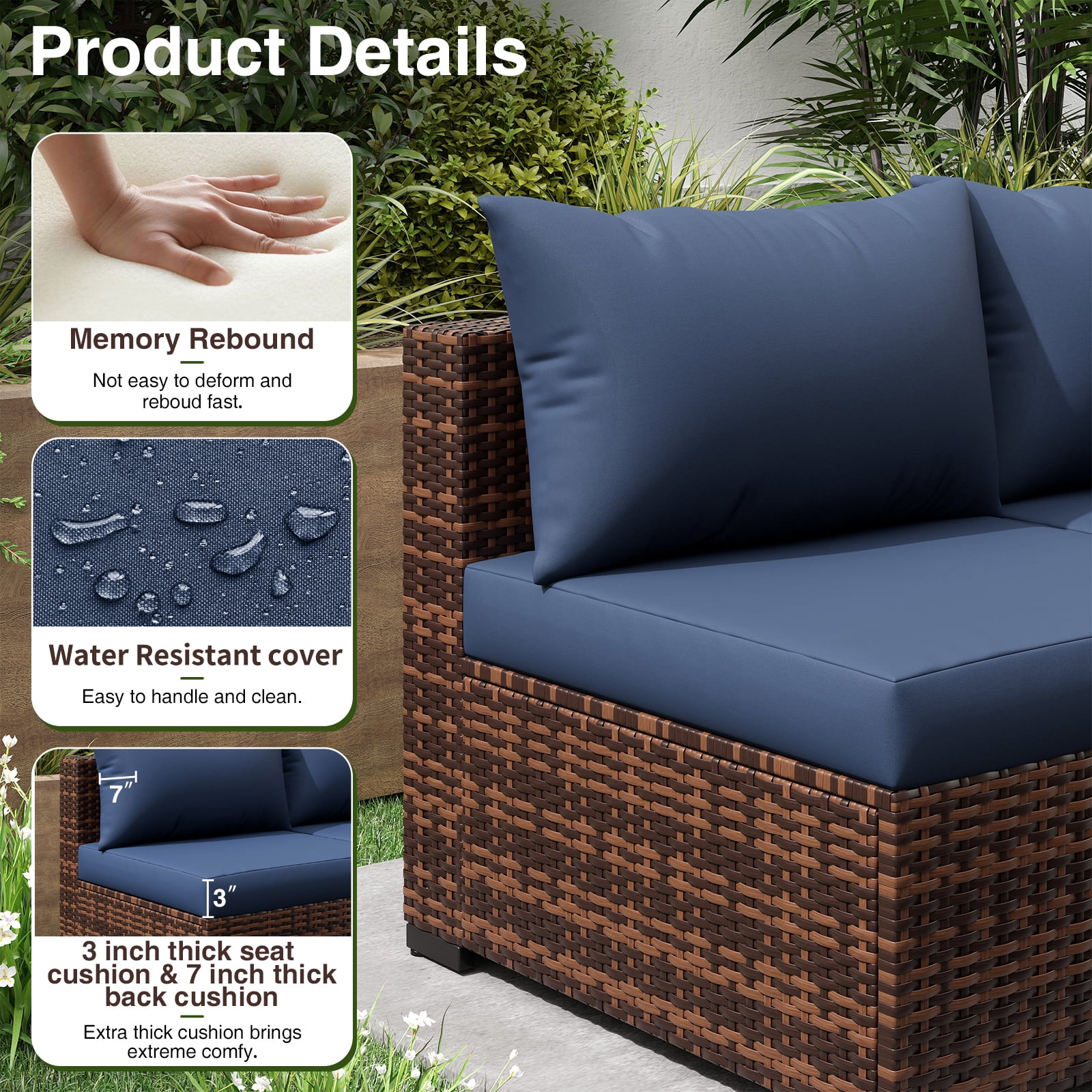 ELPOSUN Patio Furniture Set, Outdoor Patio Furniture Wicker Sectional Furniture Couch Set, 9 Pieces Outdoor Sectional Sofa with Fire Pit Table, Outdoor Patio Set for Outdoor Furniture (Navy Blue)