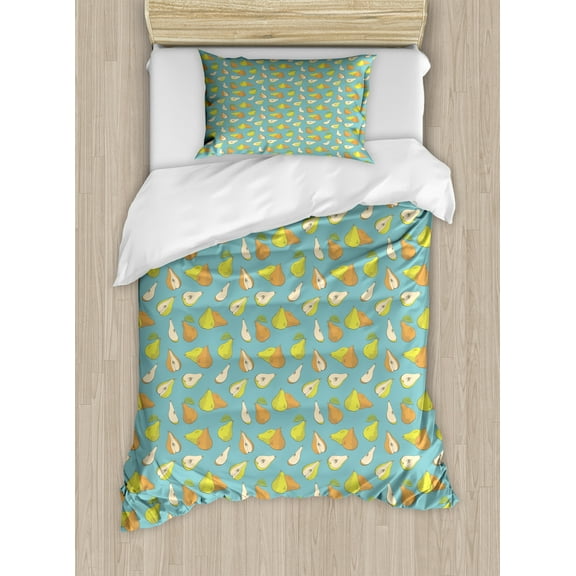 Ambesonne Pear Duvet Cover Set, Colorful Sketchy Fruit Sliced, Twin, Teal Apricot