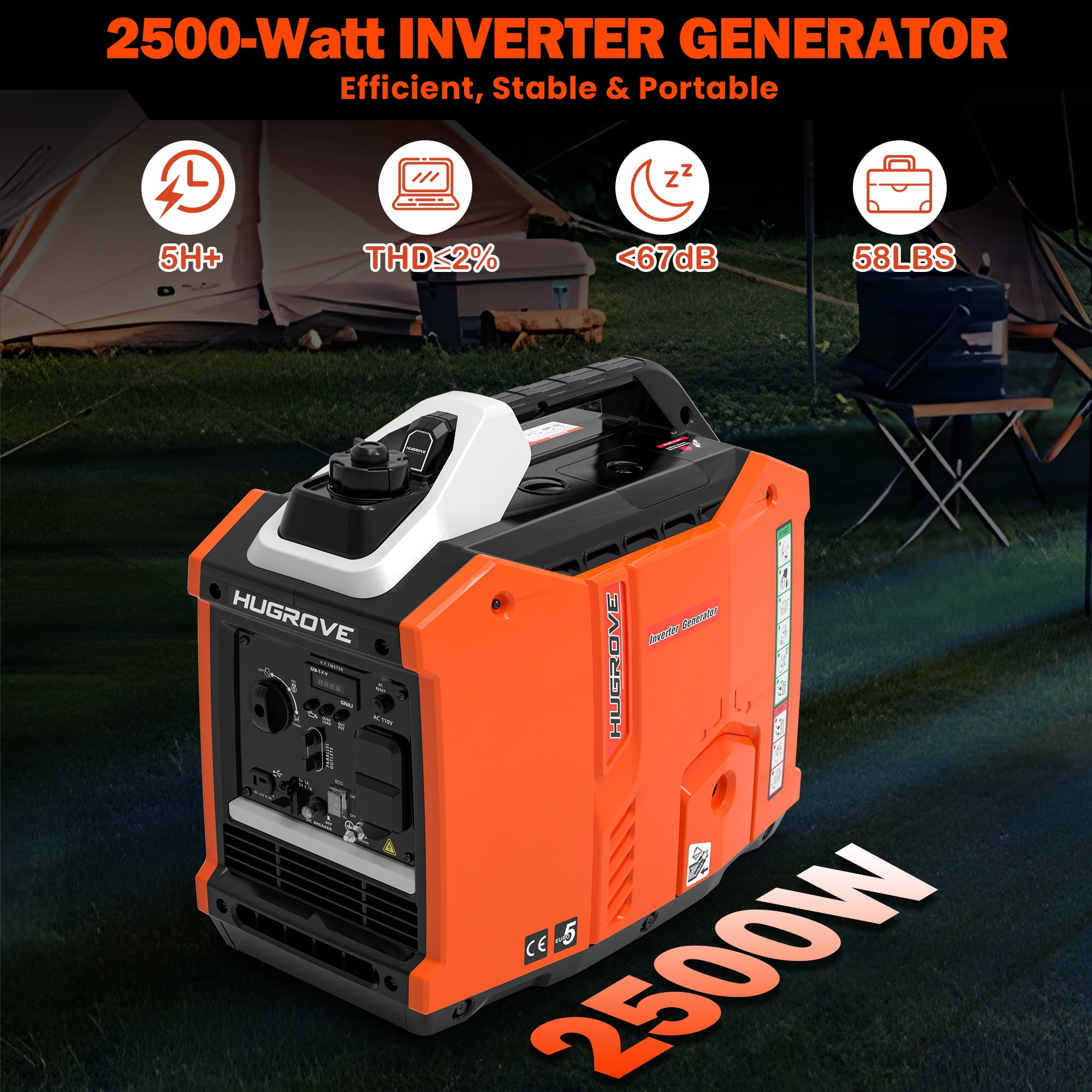 Seizeen 2500W Inverter Generator Gasoline, Portable Generator for Home Backup, Outdoor Super Quiet Generator for Camping, 122CC Powerful Generator Long Run Time, ECO Mode, 58LBS