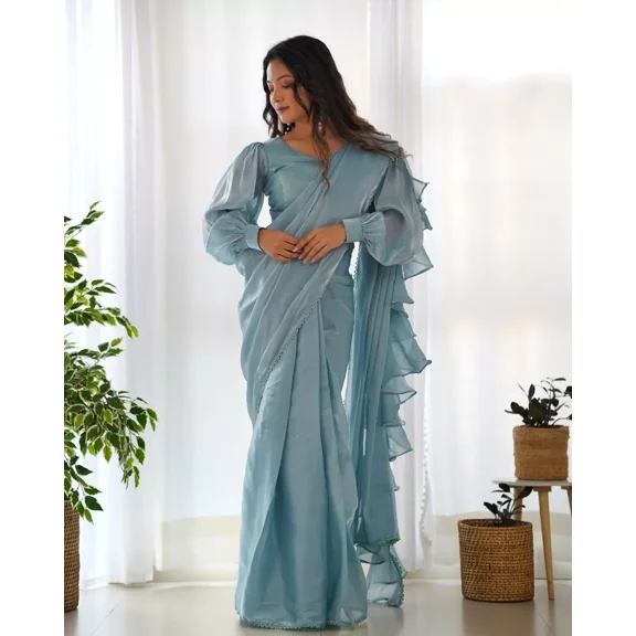 Sethi Trades Women's Premium Jimmy Choo Organza Ruffle Saree with Lace Border and Padded Blouse – Party Wear Ethnic Set