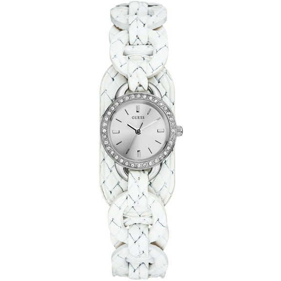 GUESS W70027L1 Silver Glitz Case White Braided Leather Women's Watch