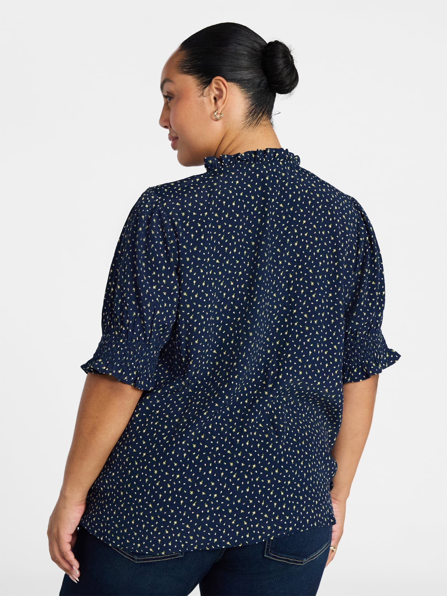 Terra & Sky Women's Plus Size Smock Yoke Top with Elbow Sleeves, Sizes 0X-5X