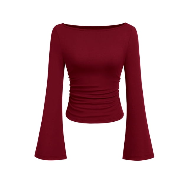 Remera PRETTYGARDEN Otoño 2025 Crop Top de Manga Larga Burdeos Talle L