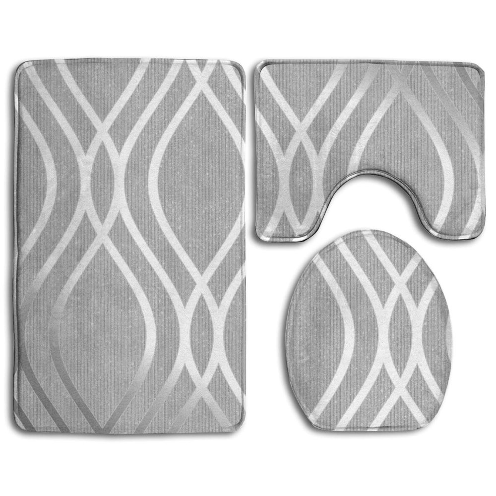 PUDMAD Silver Geometric Figure 3 Piece Bathroom Rugs Set Bath Rug