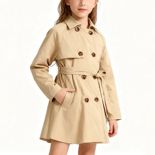 Gabardina con botones de color liso para niños, talla mediana a grande, cárdigan informal con bolsillos para niños, chaqueta de longitud media, blusa de poliéster para niños
