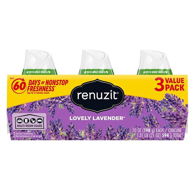 Renuzit Adjustable Air Freshener Lovely Lavender 3pk containing three white solid gel cones with green bases in a purple box decorated with lavender flowers and a yellow label stating up to 60 days of nonstop freshness, suitable for multi-room odor elimination in homes.