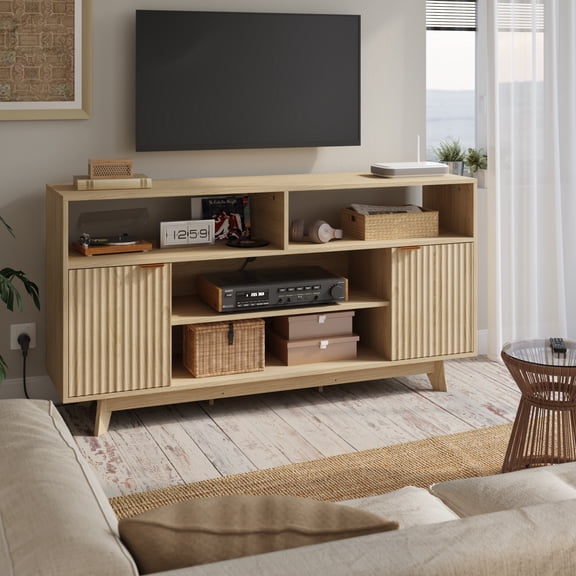 BUPPLEE 59" TV Stand for TVs up to 65", Mid Century Modern Media Console with 2 Doors and Extra Open Storage, Natural, 30.7" H