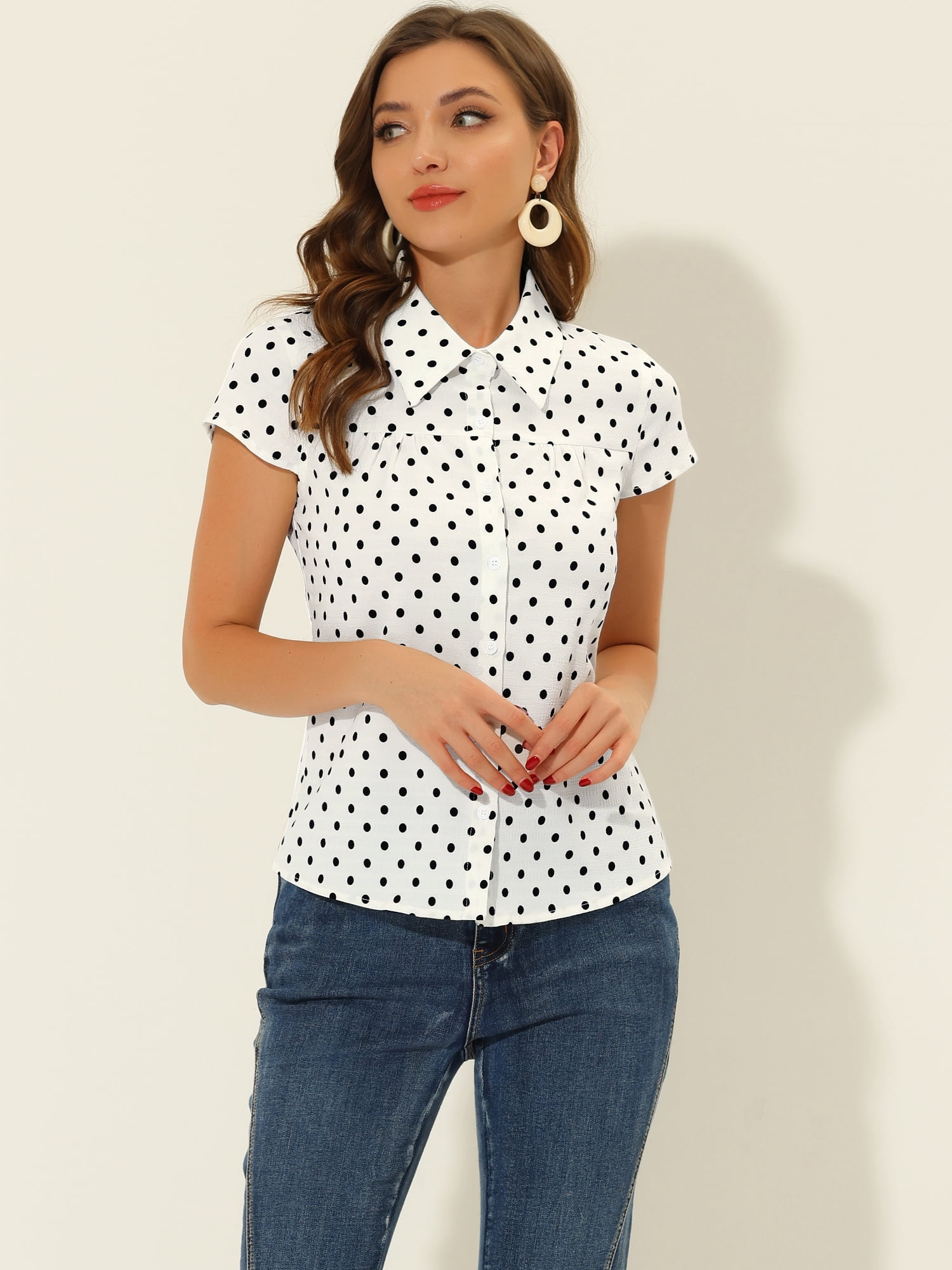 DARING DIVA Women's Retro Point Collar Short Sleeve Polka Dots Shirts L White