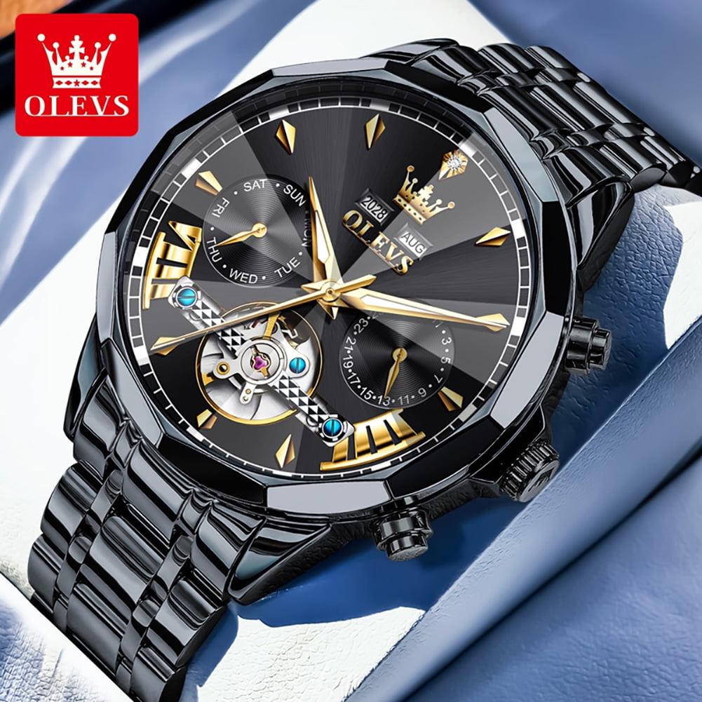 OLEVS Automatic Watches for Men Luxury Dress Waterproof Self Winding Mechanical Chronograph Diamond Stainless Steel Luminous Date Skeleton Tourbillon Mens Watches Gift Reloj Para Hombre Black Dial