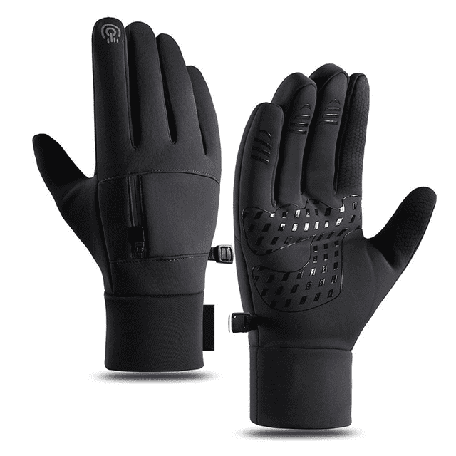 guantes impermeables de esquí para nieve para hombre y mujer con aislamiento en invierno para snowboard, par negros talla L con vista frontal y posterior, corte ergonómico, palma de piel sintética antideslizante con almohadillas de agarre, revestimiento exterior con película impermeable y relleno TPU aislante, puños elásticos y correa de muñeca ajustable con hebilla, bolsillo con cremallera y dedos con zonas táctiles; también suelen usarse para moto de nieve y senderismo invernal.
