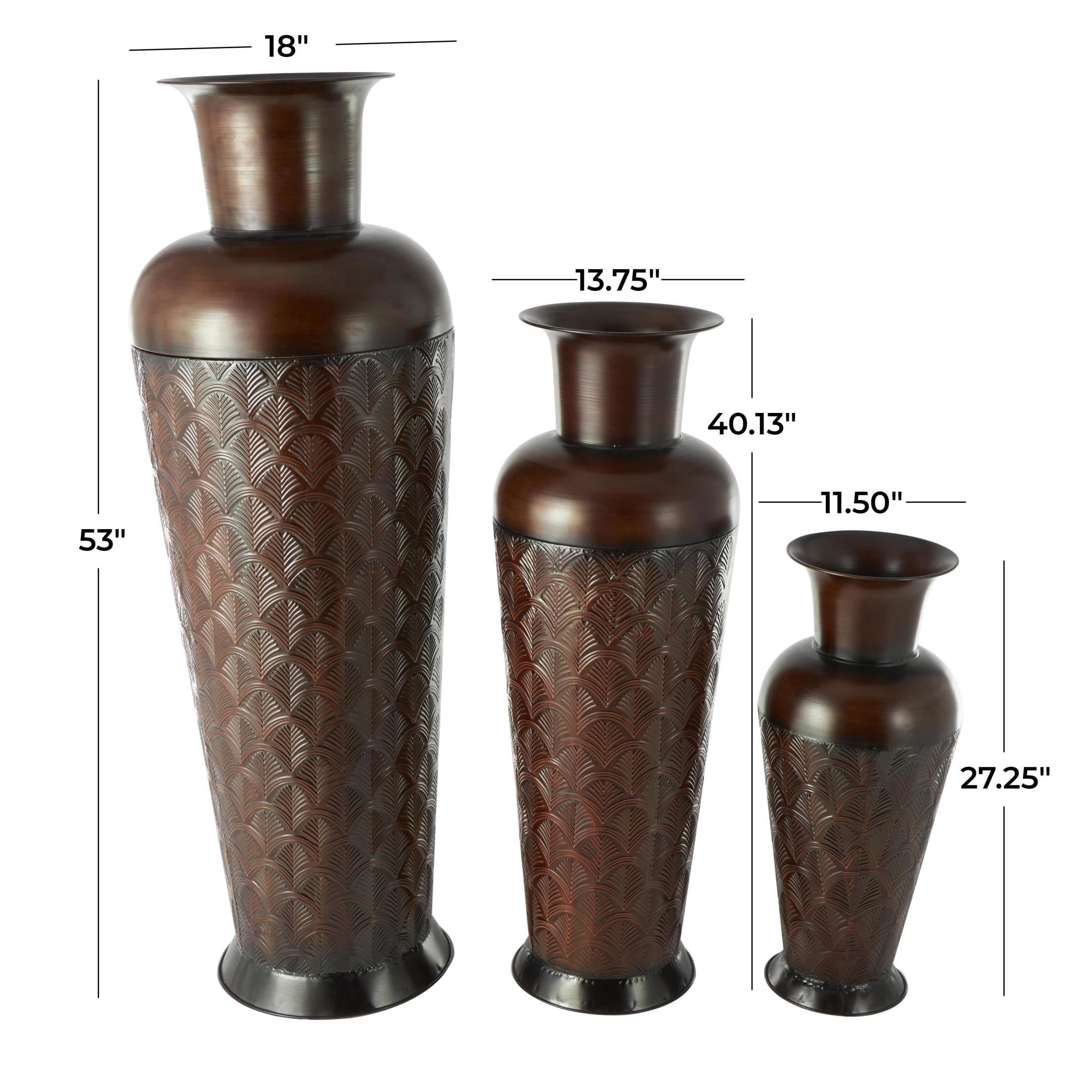 DecMode 53", 40", 27"H Geometric Tall Tapered Floor Dark Brown Metal Vase with Brown Trumpet Tops, Set of 3