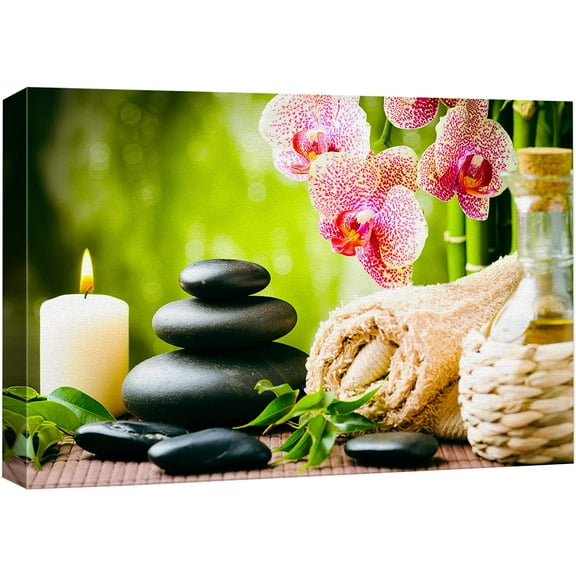 wall26 Canvas Print Wall Art Massage Stones Zen Pink Orchid Flower Plants Candles Nature Wilderness Photography Realism Rustic Landscape Colorful for Living Room, Bedroom, Bathroom, Office - 12"