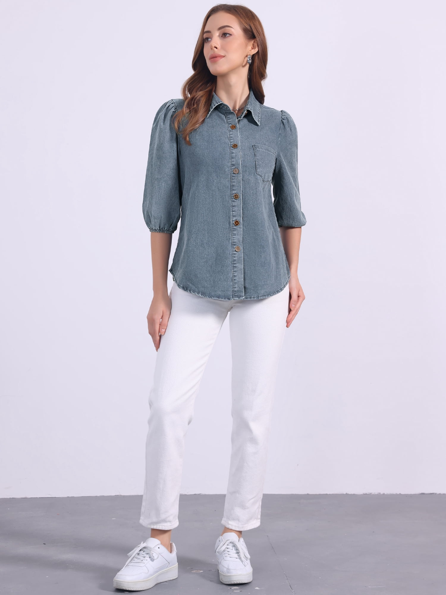 DARING DIVA Women's 3/4 Puff Sleeve Collar Button Down Jean Shirts XL Gray Blue