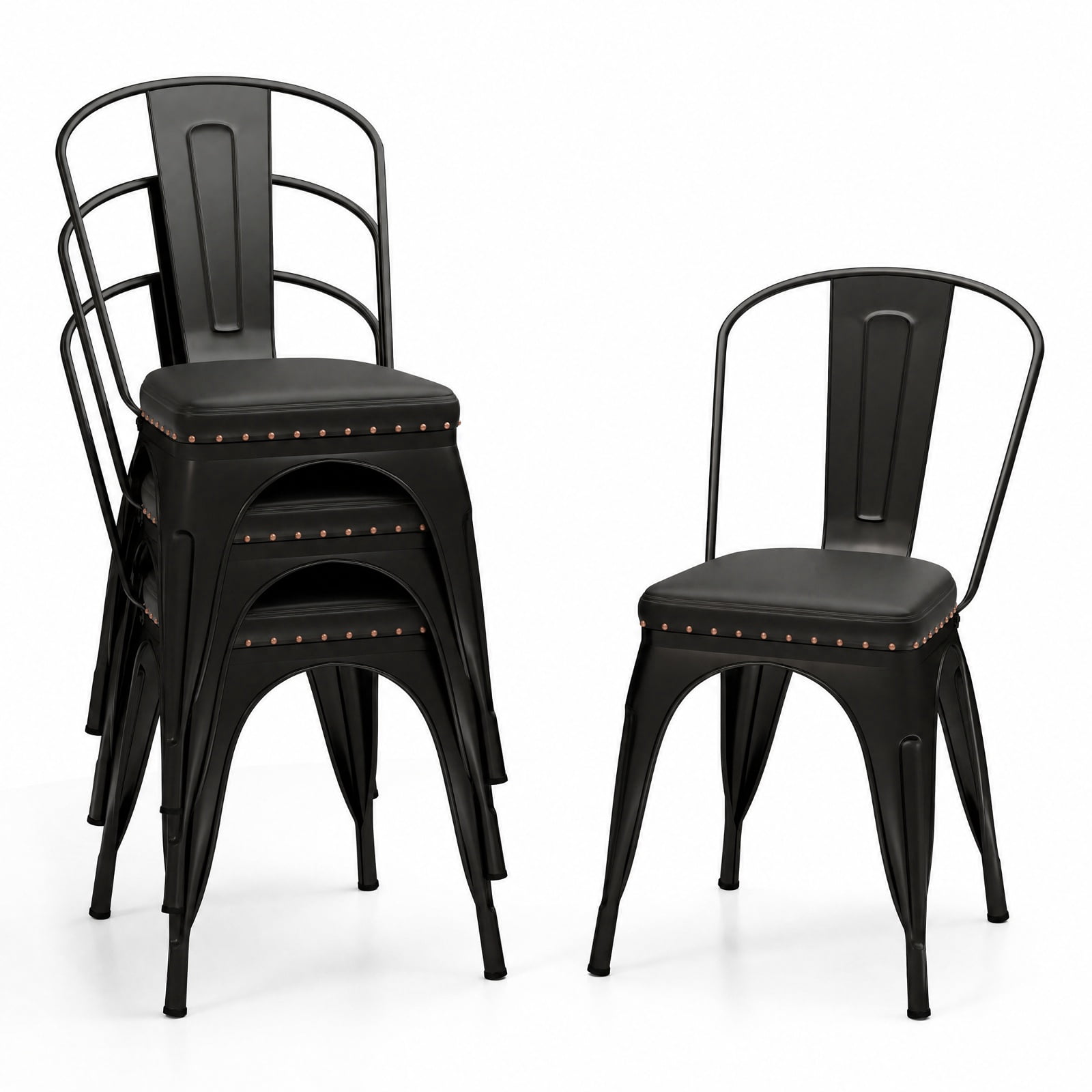 Furnibear Metal Dining Chair Set of 4 Stackable Kitchen Chairs with Removable Backs and PU Leather Cushioned Seat for Kitchen Dining Room, Black