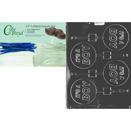 Lollipop Lollipop Mold CybrtraydIt's a Boy Lolly Baby Chocolate Candy Mold with Lollipop Supply Bundle, Includes 25 Lollipop Sticks, 25 Cello Bags and 25 Blue Twist Ties ()